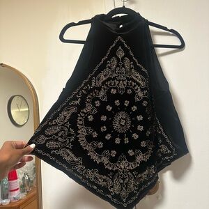Black M free people bandana velvet top with gold embroidery